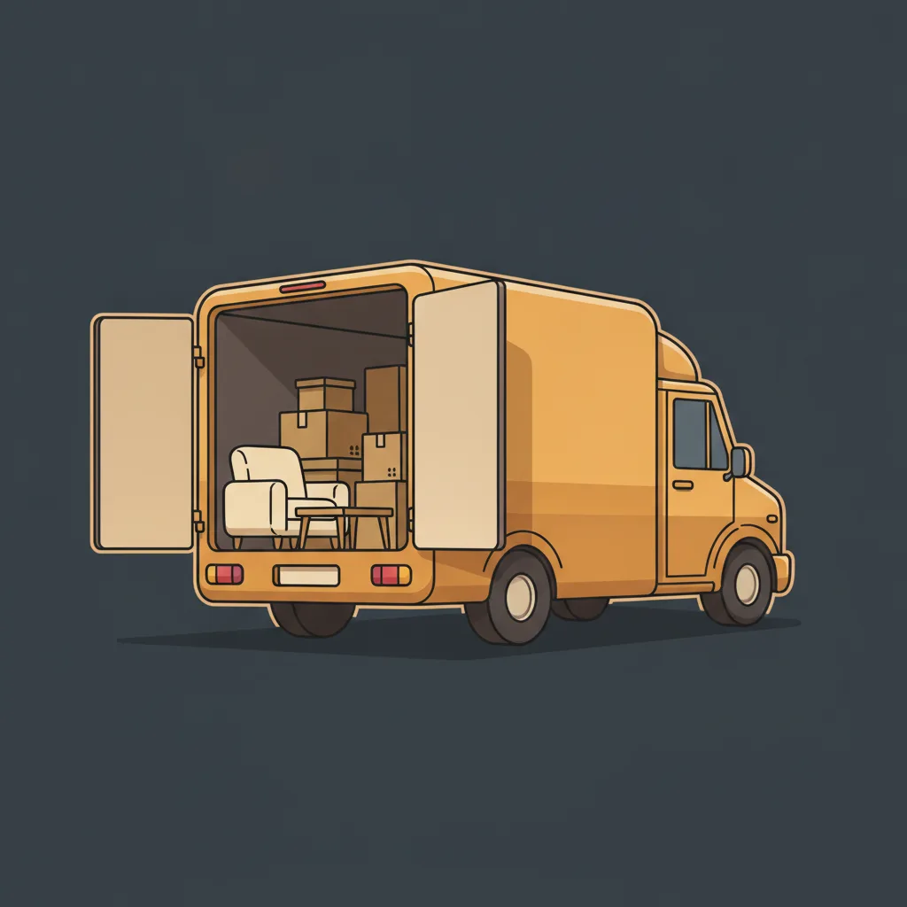 Comic-Illustration: kleiner Transporter fährt vor österreichischer Alpenlandschaft – Beiladung ab Wien österreichweit