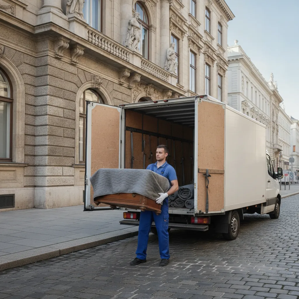 Träger mit weißen Handschuhen trägt eine in Decken gehüllte Biedermeier-Kommode vorsichtig zu einem gepolsterten Transporter in Wien