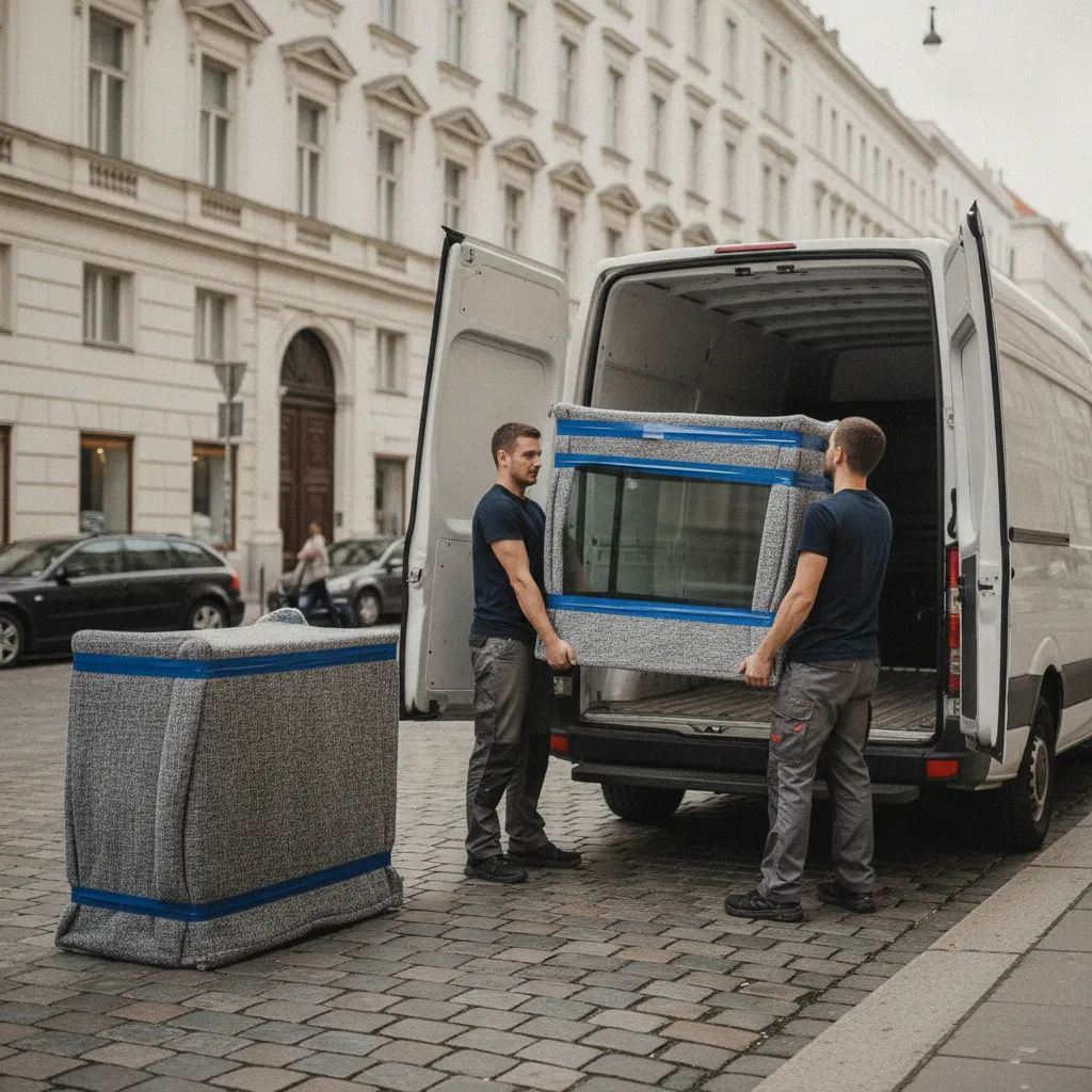 Zwei Träger heben ein leeres, gut gepolstertes Glasaquarium vorsichtig in einen Transporter vor einem Wiener Altbau – Aquariumtransport in Wien