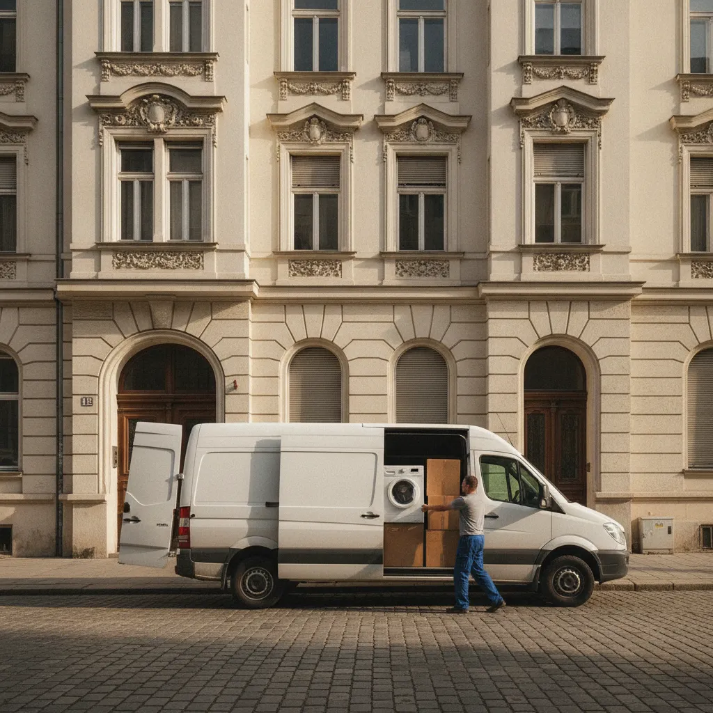 Fahrer verlädt eine Waschmaschine und einige Kartons in einen geschlossenen Sprinter an einer Wiener Straße