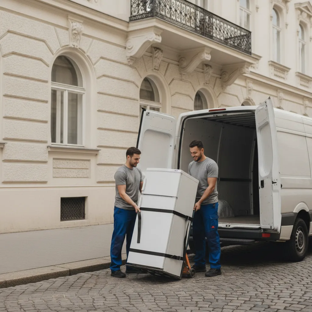 Zwei Träger bewegen einen weißen Kühlschrank gesichert auf einem Stiegenkarren in einen Transporter vor einem Wiener Altbau – Kühlschranktransport in Wien