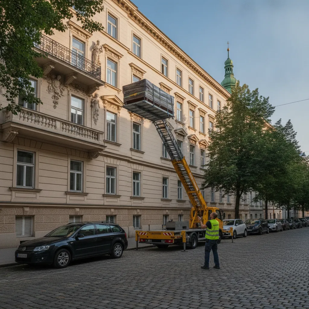 Ein Außen-Möbellift reicht bis zum Fenster im dritten Stock eines Wiener Gründerzeithauses, eine Couch schwebt auf der Plattform – Möbellift in Wien