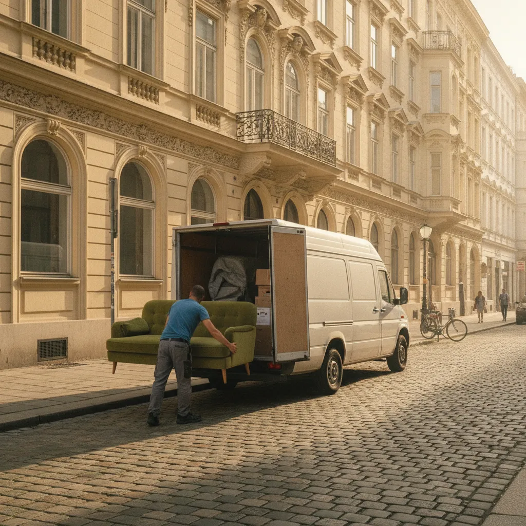Ein Träger schiebt ein einzelnes Sofa zu bereits verladenen Möbeln in einen halb beladenen Transporter vor einem Wiener Gründerzeithaus – Möbelmitfahrzentrale Wien