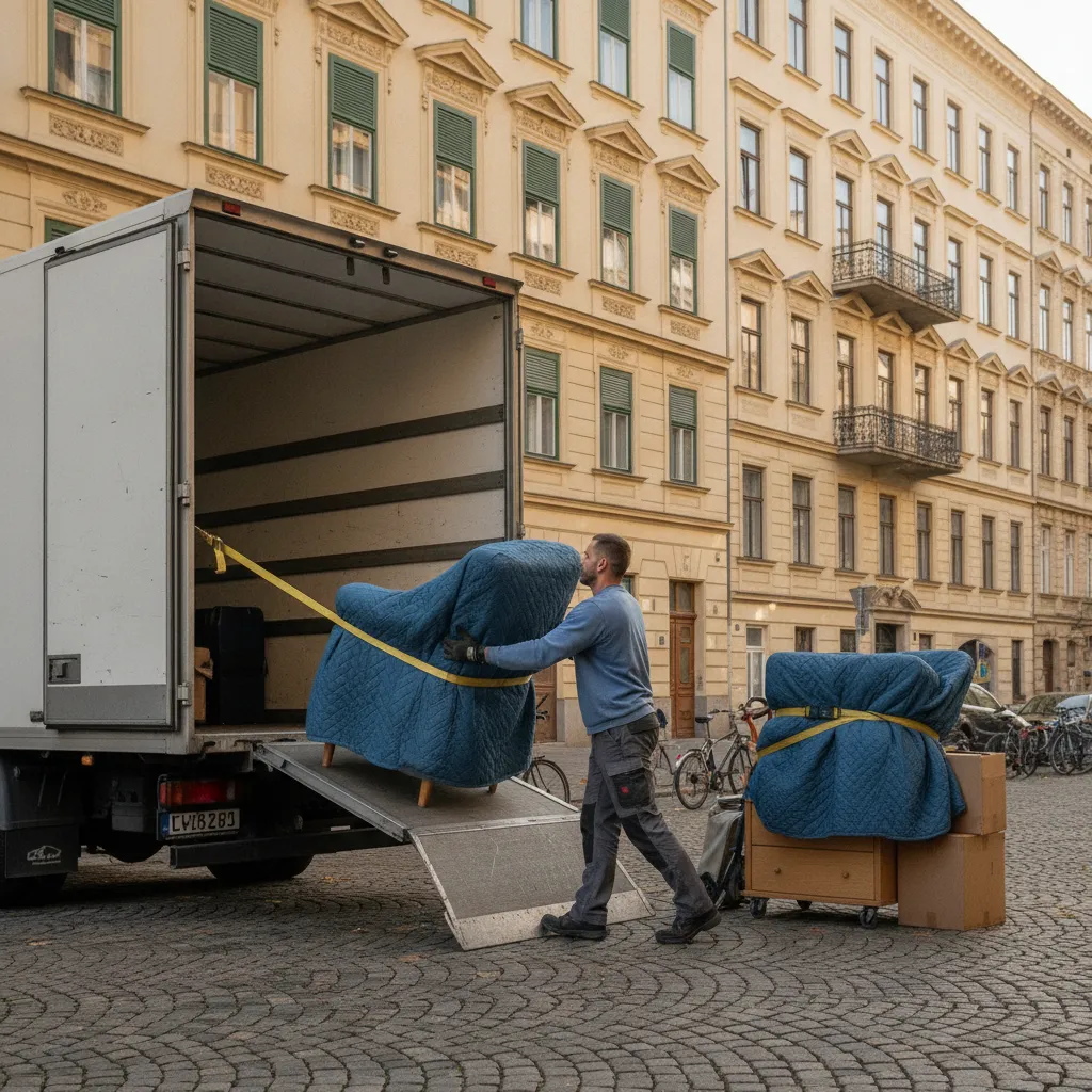 Ein Spediteur schiebt gut verpackte Möbel über die Ladebordwand in einen großen Möbeltransport-LKW vor einem Wiener Zinshaus – Möbelspedition Wien