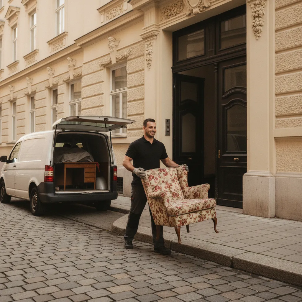 Ein Träger hebt einen Polstersessel aus einem kleinen Transporter vor einem Wiener Gründerzeithaus – Möbeltaxi in Wien