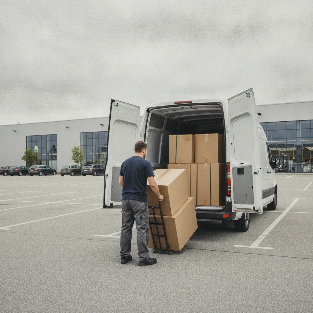 Ein Träger schiebt flache Flatpack-Kartons mit einem Stiegenkarren in einen Transporter auf einem Wiener Möbelhaus-Parkplatz – IKEA-Transport in Wien