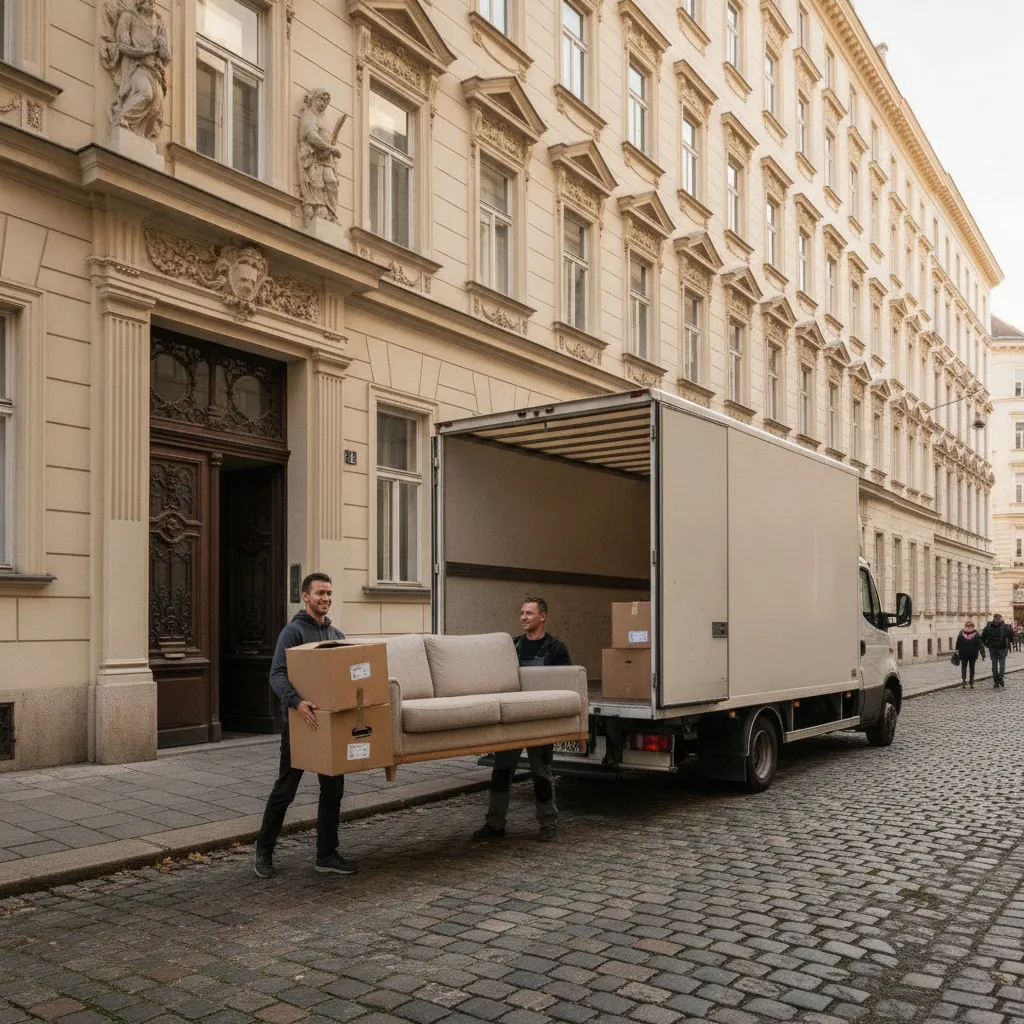Zweiköpfiges Übersiedlungsteam trägt Kartons und ein Sofa aus einem Wiener Gründerzeithaus in einen Umzugs-LKW – Privatumzug Wien