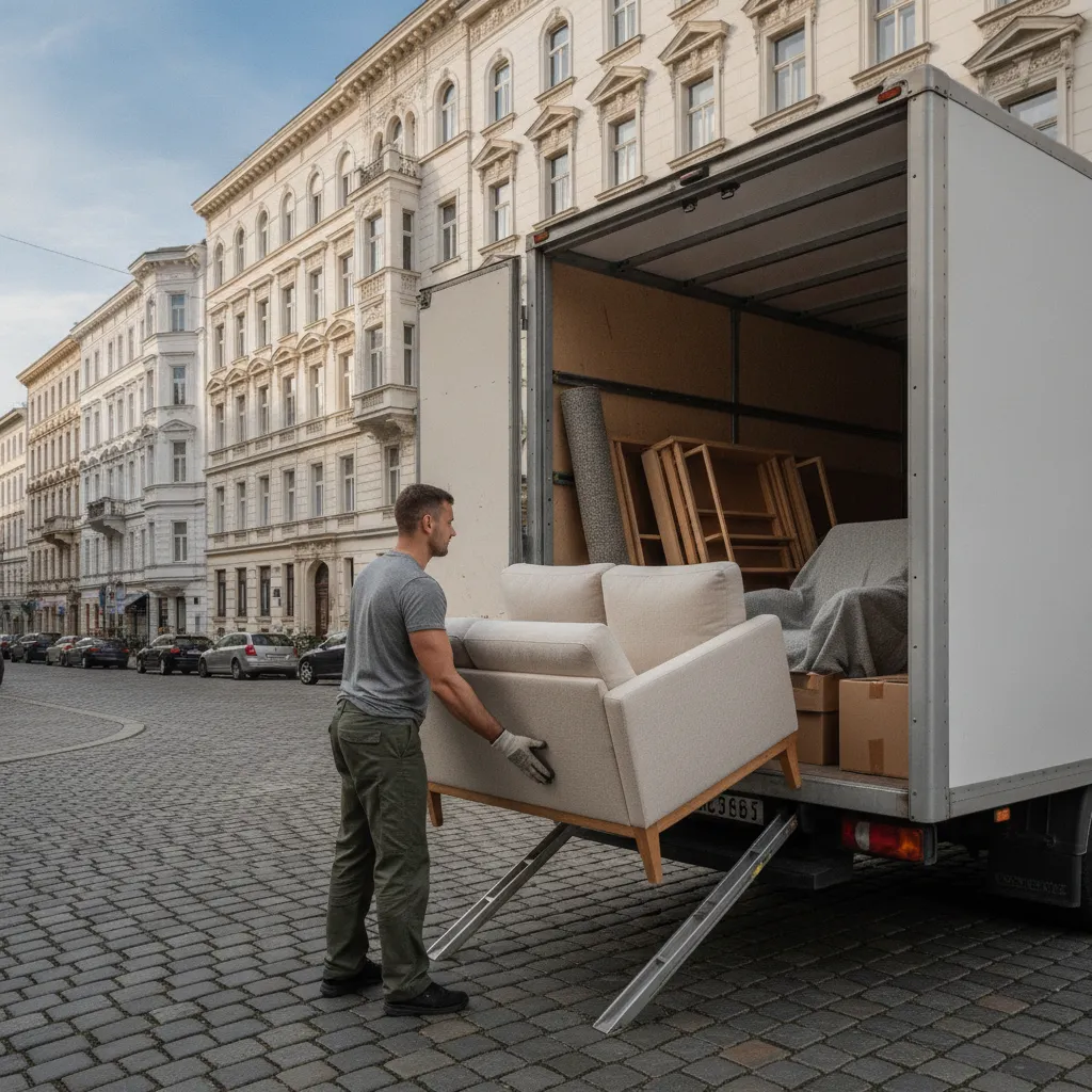 Ein Sofa und Kartons werden zu anderen Möbeln in einen halb beladenen Transporter geschoben – Sammeltransport in Wien