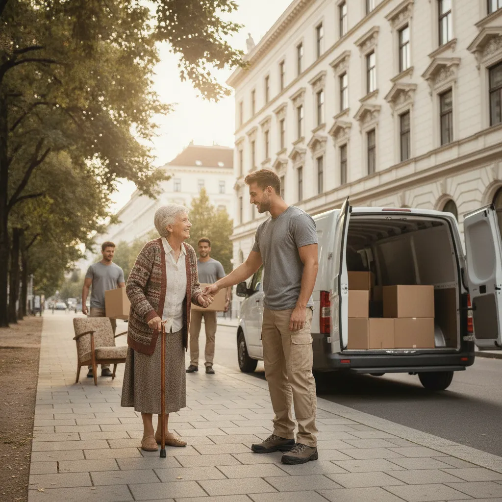 Ein junger Umzugshelfer stützt freundlich eine ältere Dame, während Kartons in einen Transporter geladen werden – Seniorenübersiedlung in Wien