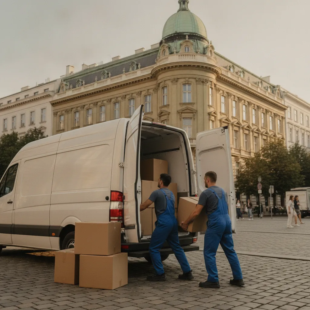 Zwei Helfer heben Übersiedlungskartons in einen bereitstehenden Transporter vor einem Wiener Altbau – Tragehilfe Wien