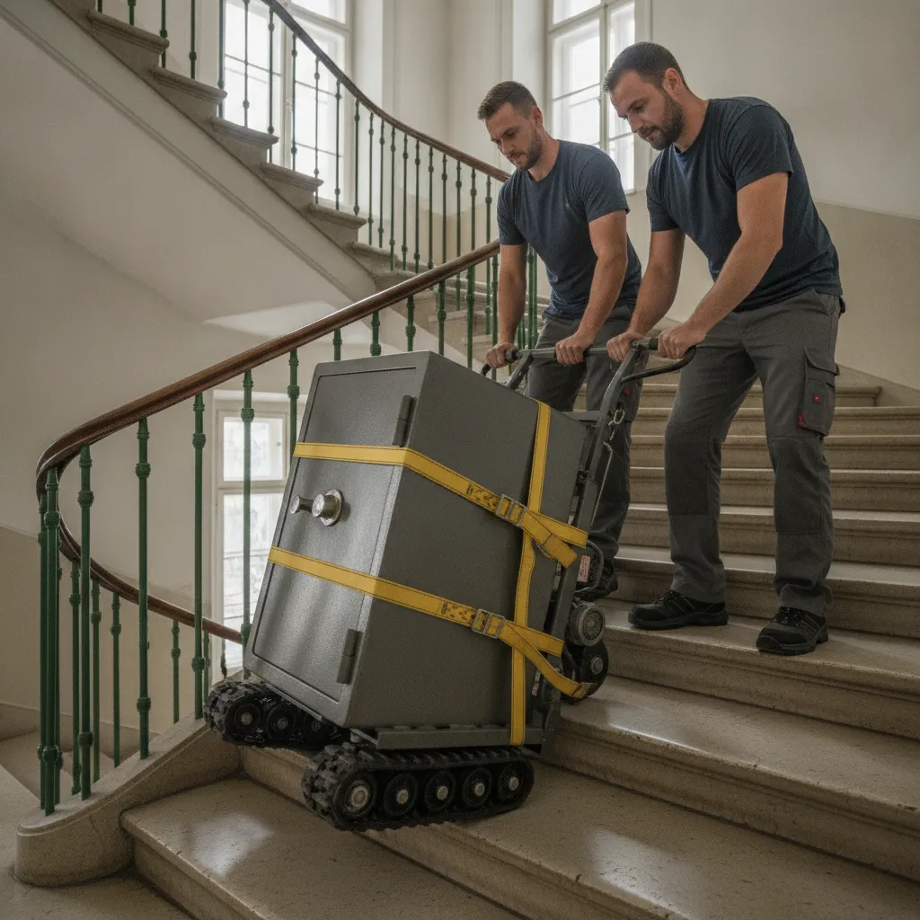 Zwei Träger bewegen einen schweren grauen Tresor mit einem Schwerlast-Stiegensteiger durch ein Wiener Stiegenhaus – Tresortransport in Wien