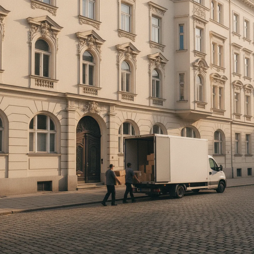 Umzugsteam trägt an einem sonnigen Samstag Kartons aus einem Wiener Gründerzeithaus in einen geschlossenen Umzugs-LKW