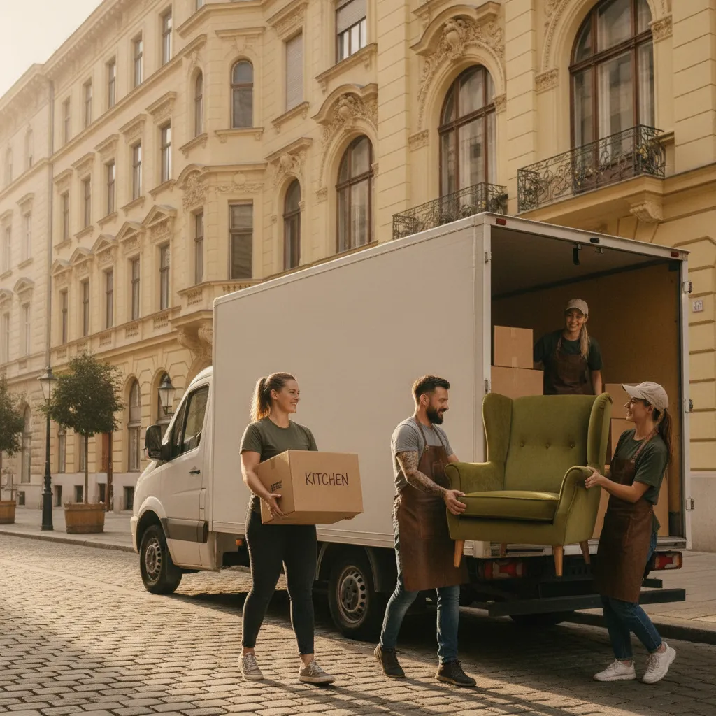 Dreiköpfiges Team belädt einen Transporter mit Kartons und einem Fauteuil vor einem Wiener Gründerzeithaus – Umzugshelfer Wien