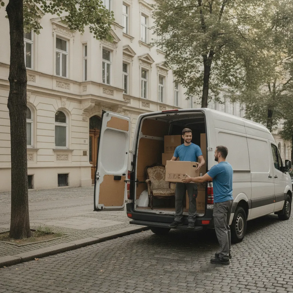 Fahrer im geschlossenen Transporter reicht einem Helfer vor einem Wiener Altbau einen Umzugskarton