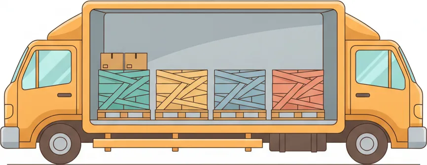So funktioniert eine Beiladung von Wien nach Aachen Comic-Illustration: Transporter mit mehreren stretchfolierten Paletten in unterschiedlichen Farben – jede Palette steht für einen Kunden – auf der Strecke Wien–Aachen