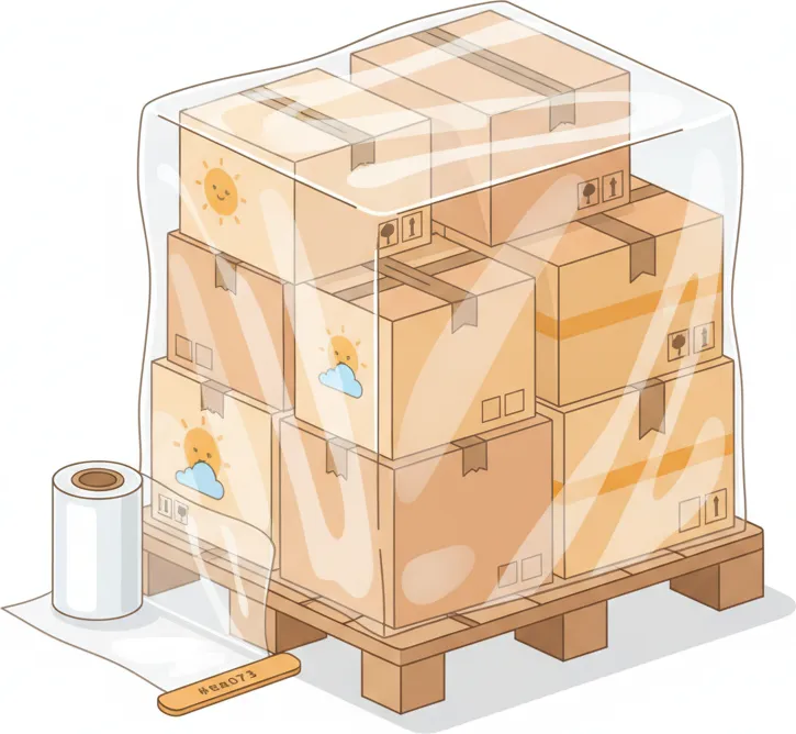 Sorgfältig verpackte Sendung für die Beiladung nach Aachen Comic-Illustration: sicher gestapelte und mit Stretchfolie gesicherte Umzugskartons auf einer Palette für den Transport nach Aachen