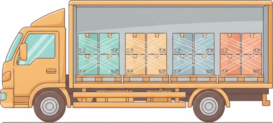 Comic-Illustration: Transporter mit mehreren stretchfolierten Paletten in unterschiedlichen Farben – jede Palette steht für einen Kunden – auf der Strecke Wien–Dornbirn