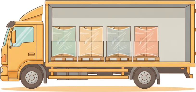 So funktioniert eine Beiladung von Wien nach Dortmund Comic-Illustration: Transporter mit mehreren stretchfolierten Paletten in unterschiedlichen Farben – jede Palette steht für einen Kunden – auf der Strecke Wien–Dortmund