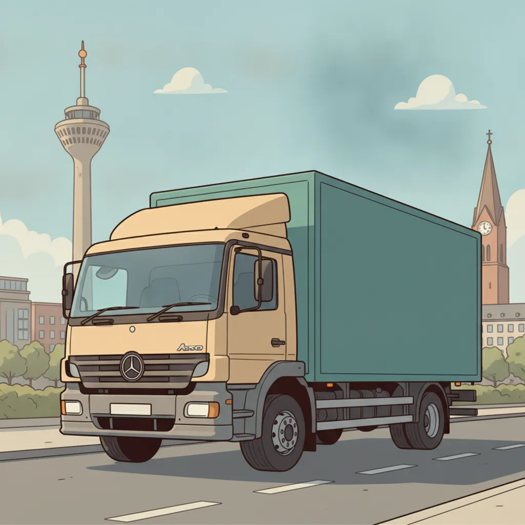 Comic-Illustration: geschlossener Umzugstransporter erreicht Dortmund – Beiladung von Wien nach Dortmund