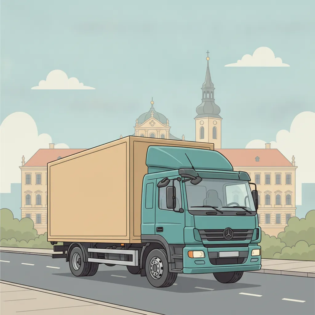 Comic-Illustration: geschlossener Umzugstransporter erreicht Eisenstadt – Beiladung von Wien nach Eisenstadt