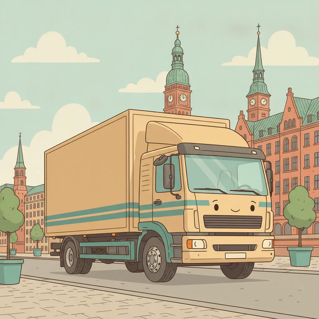 Comic-Illustration: geschlossener Umzugstransporter erreicht Hamburg – Beiladung von Wien nach Hamburg