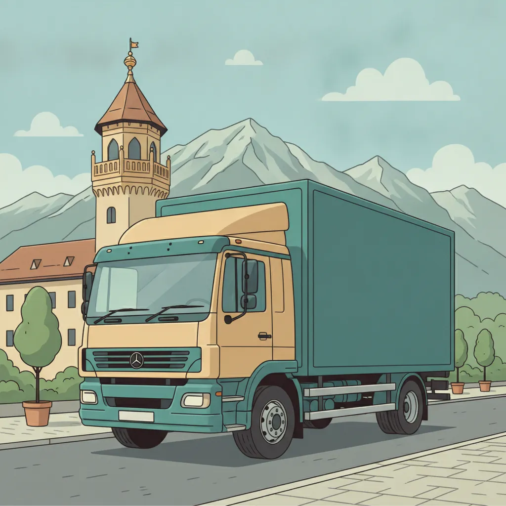 Comic-Illustration: geschlossener Umzugstransporter erreicht Innsbruck – Beiladung von Wien nach Innsbruck