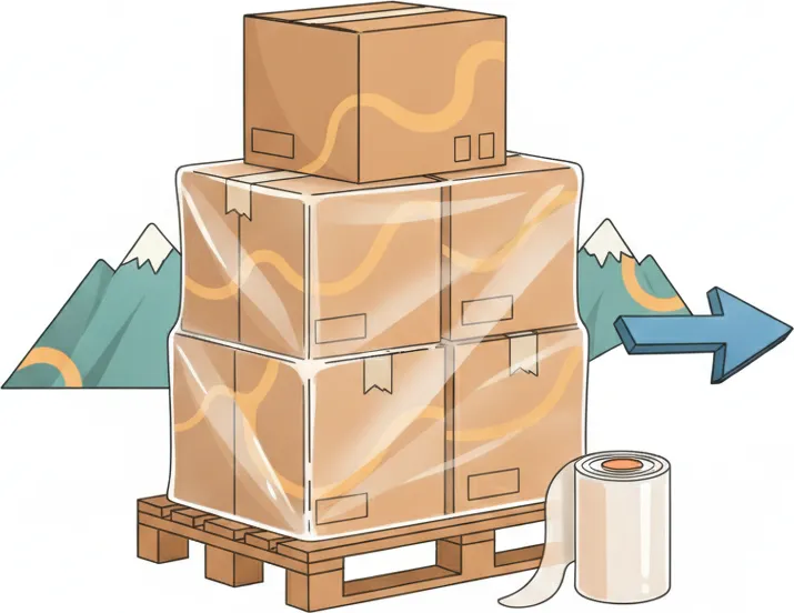 Sorgfältig verpackte Sendung für die Beiladung nach Innsbruck Comic-Illustration: sicher gestapelte und mit Stretchfolie gesicherte Umzugskartons auf einer Palette für den Transport nach Innsbruck