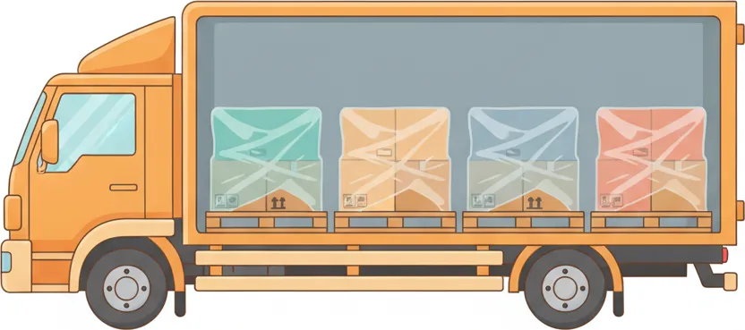 So funktioniert eine Beiladung von Wien nach Karlsruhe Comic-Illustration: Transporter mit mehreren stretchfolierten Paletten in unterschiedlichen Farben – jede Palette steht für einen Kunden – auf der Strecke Wien–Karlsruhe