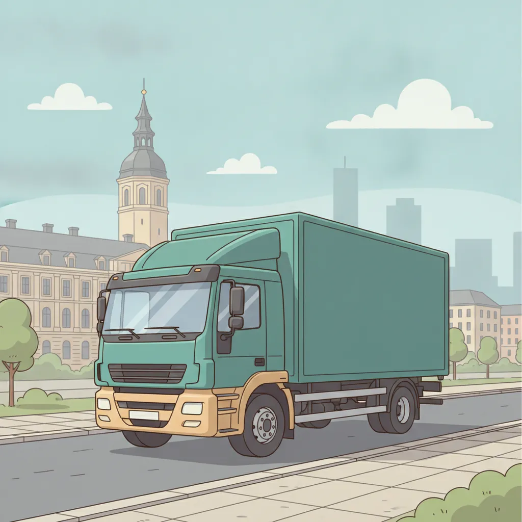 Comic-Illustration: geschlossener Umzugstransporter erreicht Karlsruhe – Beiladung von Wien nach Karlsruhe