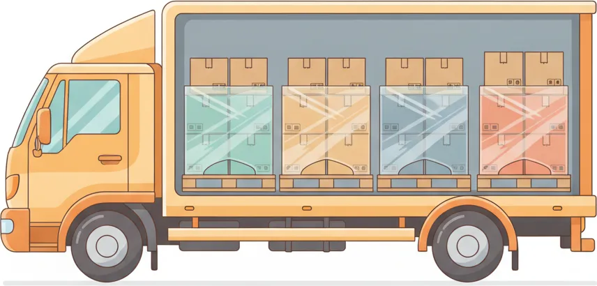 Comic-Illustration: Transporter mit mehreren stretchfolierten Paletten in unterschiedlichen Farben – jede Palette steht für einen Kunden – auf der Strecke Wien–Köln