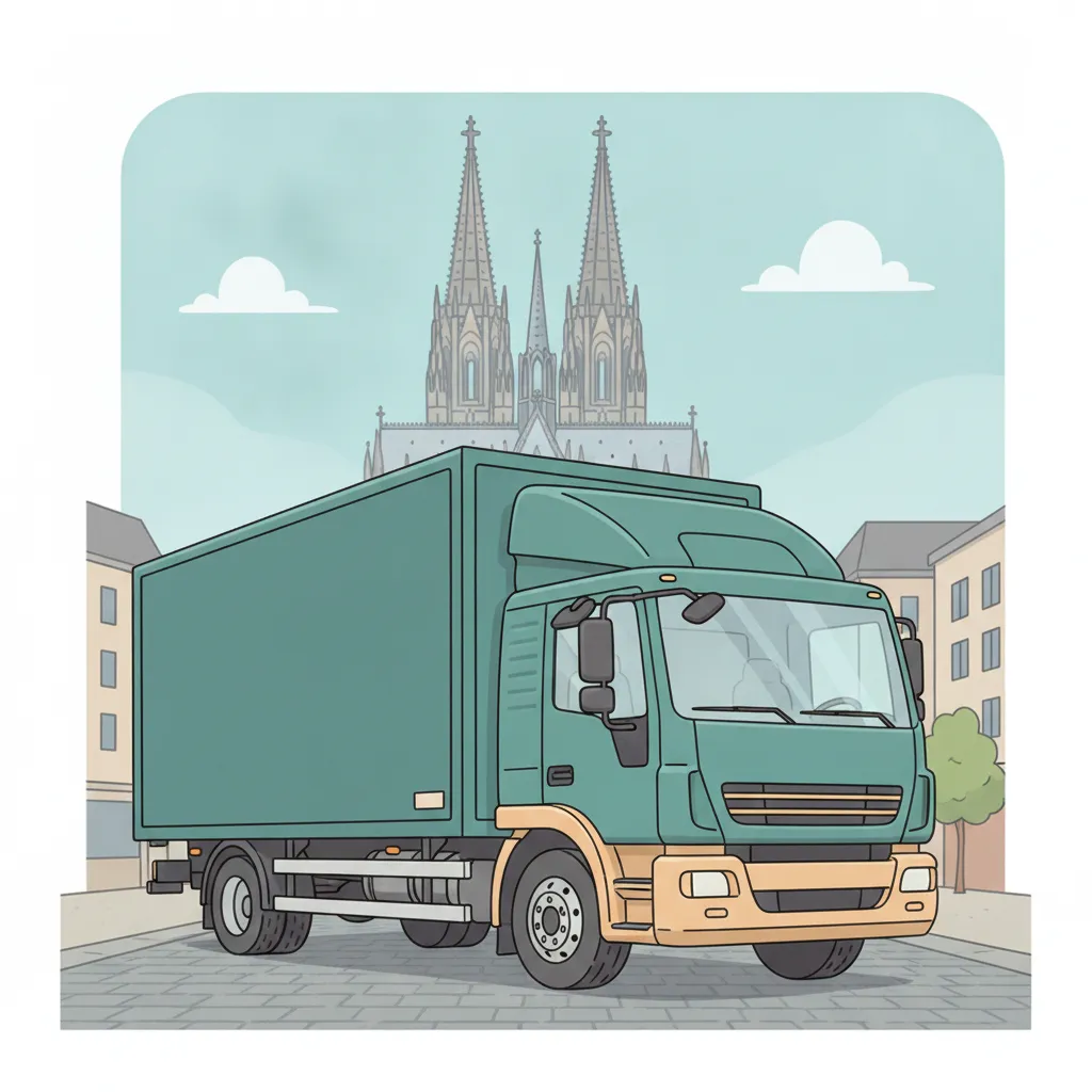 Comic-Illustration: geschlossener Umzugstransporter erreicht Köln – Beiladung von Wien nach Köln