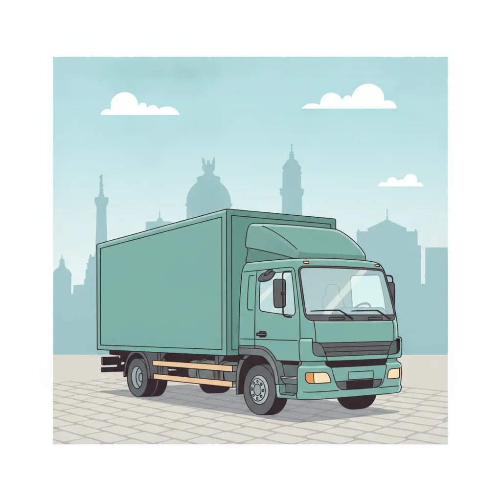 Comic-Illustration: geschlossener Umzugstransporter erreicht Leipzig – Beiladung von Wien nach Leipzig