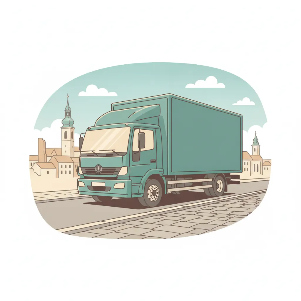 Comic-Illustration: geschlossener Umzugstransporter erreicht Mödling – Beiladung von Wien nach Mödling