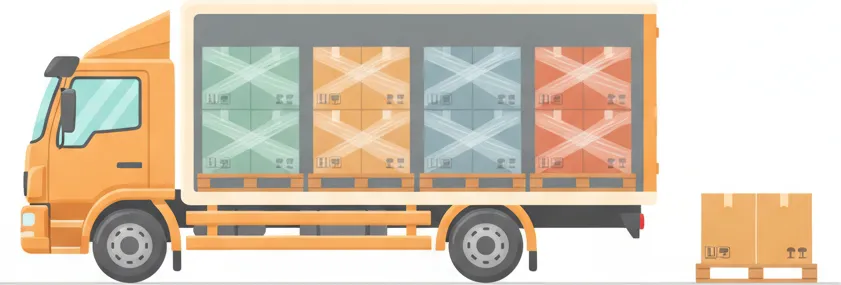 Comic-Illustration: Transporter mit mehreren stretchfolierten Paletten in unterschiedlichen Farben – jede Palette steht für einen Kunden – auf der Strecke Wien–Salzburg