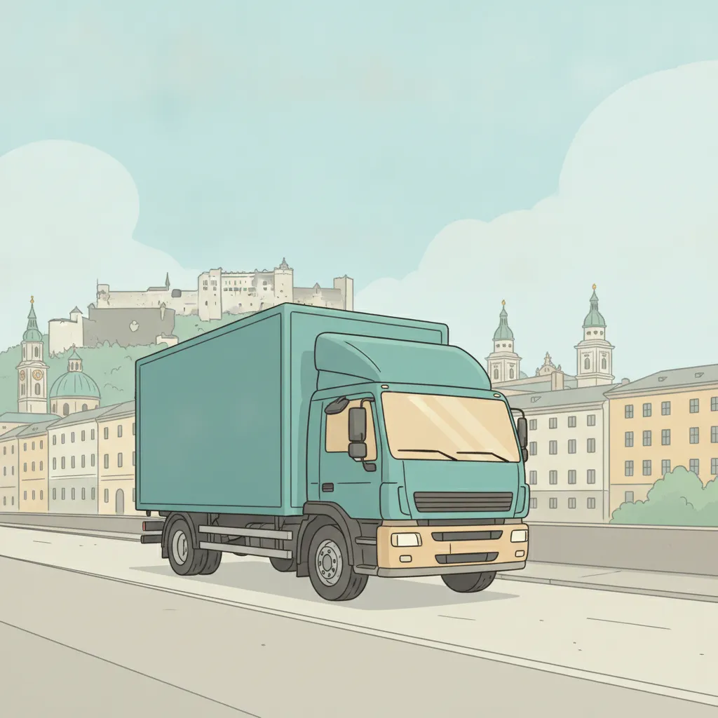 Comic-Illustration: geschlossener Umzugstransporter erreicht Salzburg – Beiladung von Wien nach Salzburg