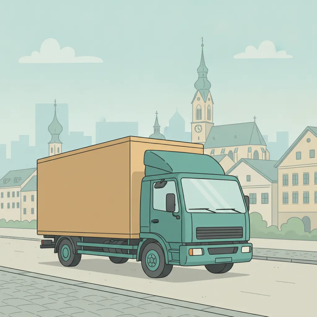 Comic-Illustration: geschlossener Umzugstransporter erreicht Schwaz – Beiladung von Wien nach Schwaz