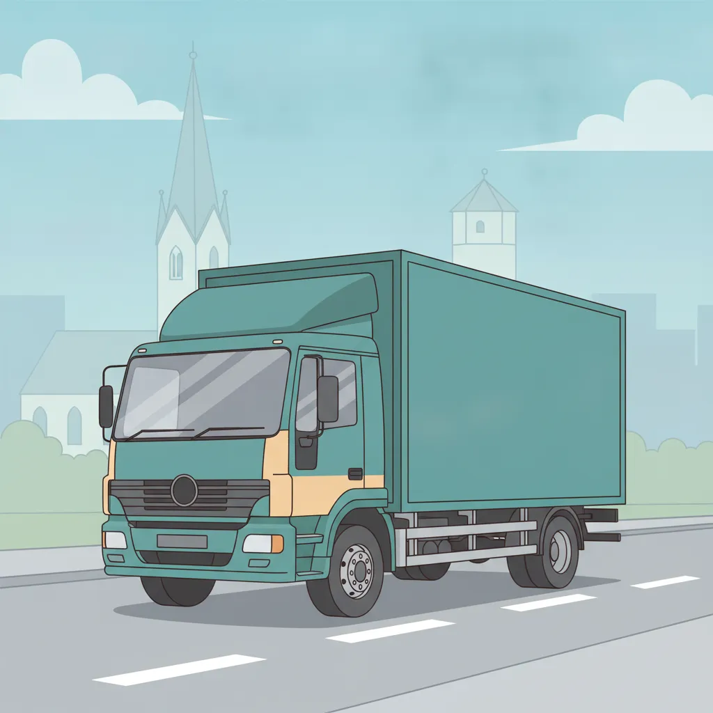 Comic-Illustration: geschlossener Umzugstransporter erreicht Stockerau – Beiladung von Wien nach Stockerau