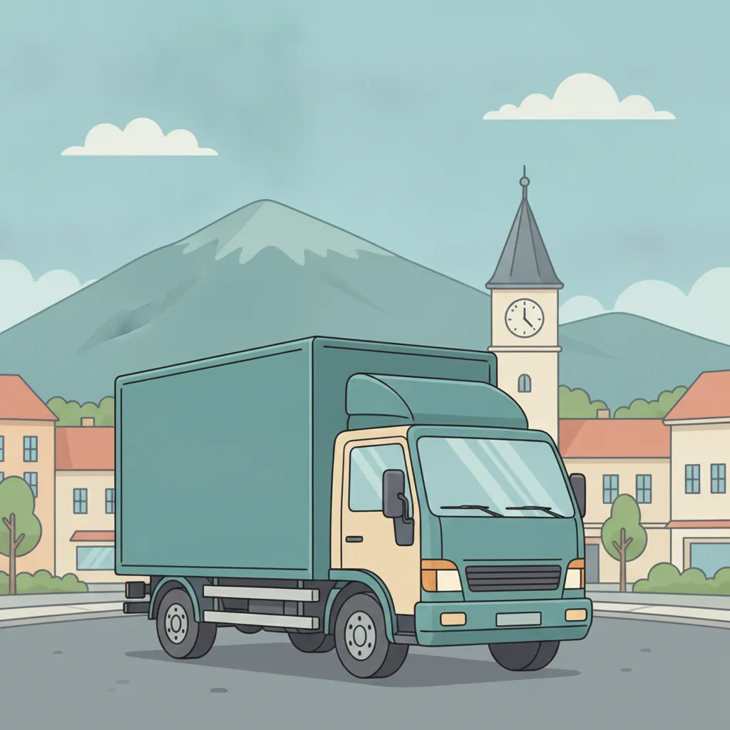 Comic-Illustration: geschlossener Umzugstransporter erreicht Ternitz – Beiladung von Wien nach Ternitz