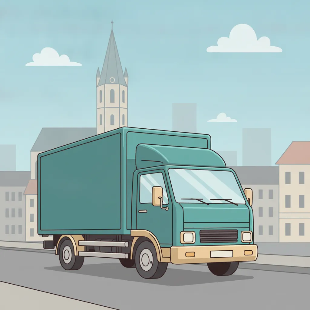 Comic-Illustration: geschlossener Umzugstransporter erreicht Wiener Neustadt – Beiladung von Wien nach Wiener Neustadt